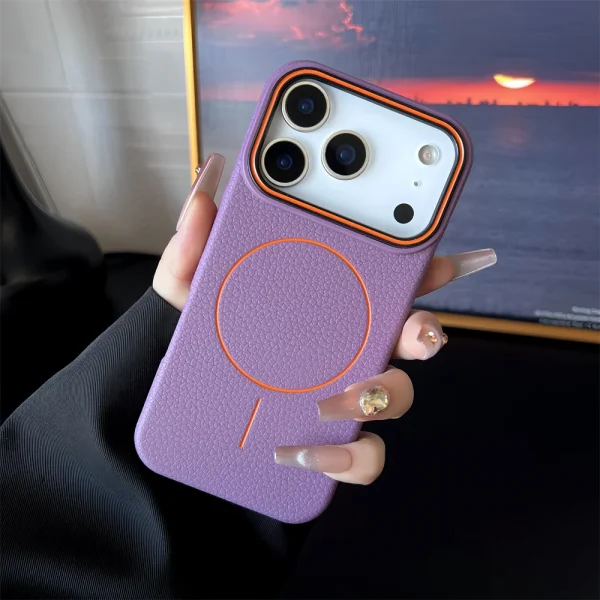 📱 **ملمس الجلد جراب آيفون المغناطيسي المطفي بتصميم قشرة الليتشي** 🌸
