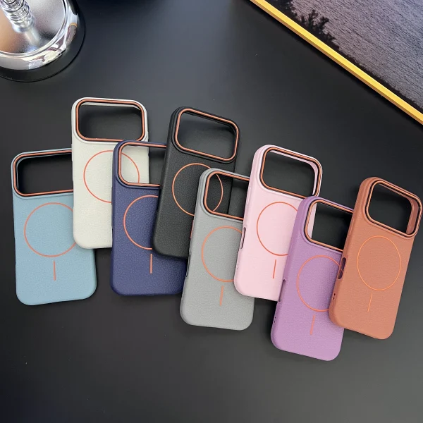📱 **ملمس الجلد جراب آيفون المغناطيسي المطفي بتصميم قشرة الليتشي** 🌸