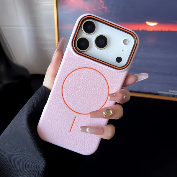 📱 **ملمس الجلد جراب آيفون المغناطيسي المطفي بتصميم قشرة الليتشي** 🌸